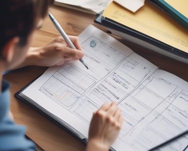 Close-up of hands filling out FAFSA paperwork with a laptop and calculator nearby.