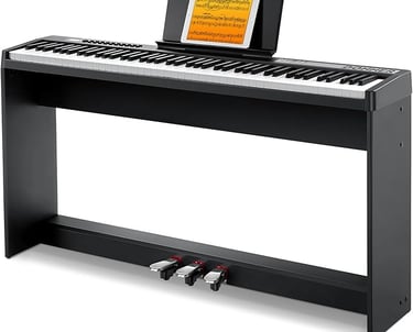 Digital piano keyboard with 88 velocity-sensitive keys, removable stand, LED display