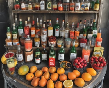 Two vibrant cocktails are placed on a bar counter. One cocktail is red with a slice of dried orange and a sprig of mint as garnish while the other is blue with foam on top and an ornate straw. Behind them, there are numerous bottles of liquor on shelves, creating a colorful background.