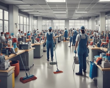 A person wearing bright orange work clothes is cleaning indoors, holding a mop. They have a fanny pack and are walking toward a tiled wall.