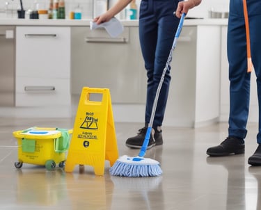 A person wearing blue gloves is cleaning a surface using a paper towel and a spray bottle of cleaning solution.