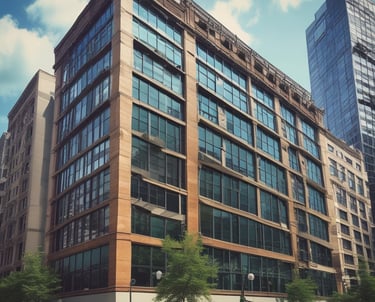 The image features the facade of a modern office building with a clean, geometric design. It is constructed with a combination of red brick and large glass panels, and there is a prominently displayed sign for Tata Consultancy Services in blue. Trees partially frame the view, and a lamppost is visible at the foreground.