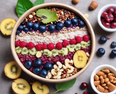 Two smoothie cups are placed on a wooden table, each with a black straw. The left smoothie is green and garnished with blueberries and possibly shredded coconut. The right smoothie has a light blueish-gray color, also garnished with blueberries, goji berries, and shredded coconut. Both cups have a bright yellow sticker with a sun logo.