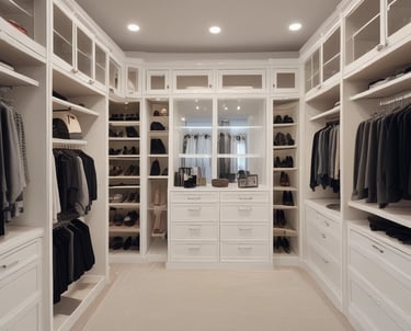 A minimalist built-in cabinet with a white exterior and a recessed wooden alcove. The alcove has a small green cushion and six black pegs arranged on the back wall. The floor features a herringbone wood pattern.