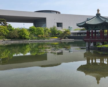 View of the museum, pond and pagoda