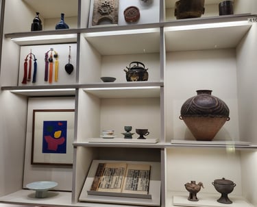 Display cases in the donated items room