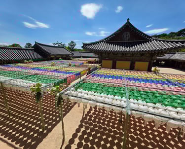 Partial view of bulguksa with many colourful lanterns