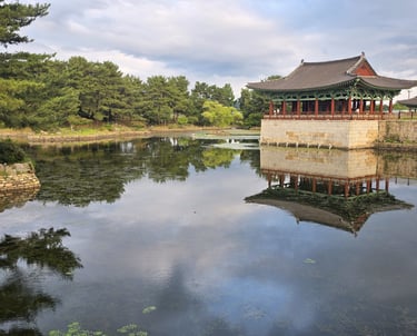 View of reconstructed building and pond