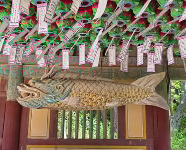 Wooden fish gong and votive slips
