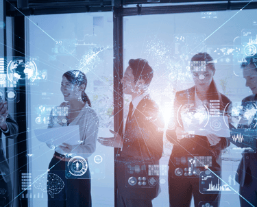 Ăcones representando habilidades essenciais da liderança digital para jovens lĂderes