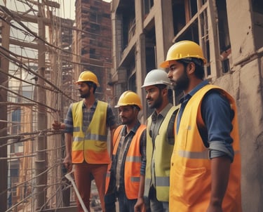 The image depicts a construction site with workers building a small structure made of concrete blocks. There are wooden scaffolding and support beams in place, and the site is surrounded by palm trees, conveying a tropical setting. Construction materials such as blue tarpaulin and concrete blocks are scattered around the area.