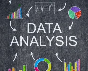 Data analysis infographic on chalkboard featuring colorful bar graphs, pie charts, and business growth diagrams.
