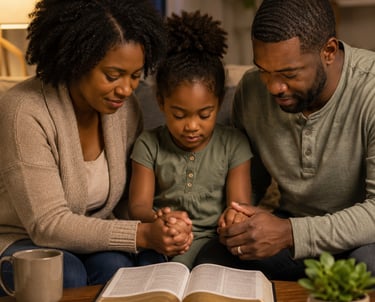 A Black family sits together praying with an open Bible on a wooden coffee table at home.