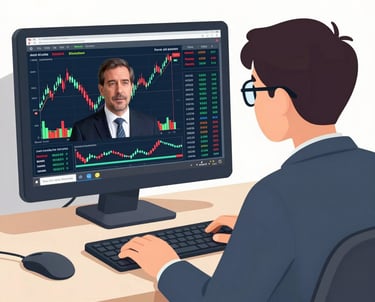 Man watching a financial analyst on a computer screen with stock market trading charts.