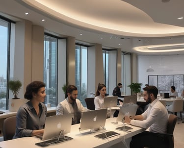 A professional team discussing trading strategies in an office.