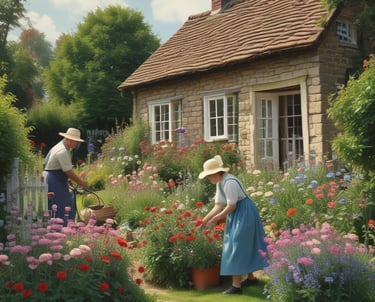 A couple pruning flowers in front of their cottage home.