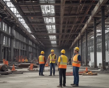 Several individuals in work attire are observing steel beams in an industrial setting, with storage buildings on one side and a silo in the background.
