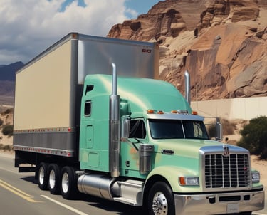 A series of trucks are parked or stationery on a road, including a white trailer with company branding, a white and blue pickup truck, and a large red dump truck with a raised bed.