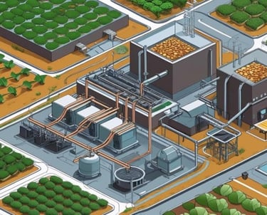 AI generated image of a water purification, biochar facility and farms producing biomass