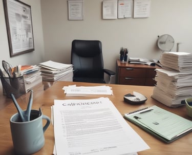 Modern office workspace with documents and a laptop showing property management data.