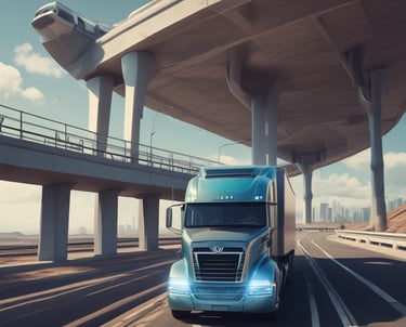 A vibrant image of a freight truck driving on an American highway.