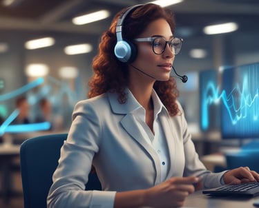 Four small, white robot figures are sitting in a row, each with a laptop in front of them. They have round bodies and blue accents, with 'AI' displayed on their chests. The background is minimal and light gray, emphasizing the robots and their computers.