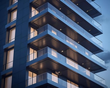 "Modern glass railing design for luxury high-rise apartment"