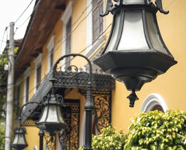 Lamp posts in front of a building at Fort Kochi, Kochi, Kerala, India