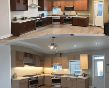 A large advertisement painted on the side of a building promotes painting your property regularly to save money, showing a rustic house silhouette. To the left, a construction site with a demolition crane indicates possible urban development. Shipping containers and a rooftop are visible, suggesting an industrial area.