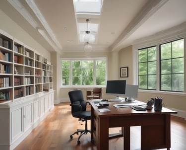 A man is painting on a wall, wearing a white shirt with red stripes and a hat. He is using a small brush on a piece of taped paper, creating an artwork that appears to depict a tree. The wall is beige and features architectural molding.