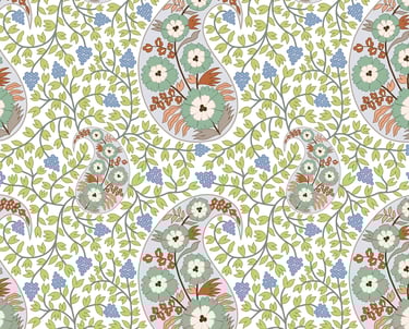  Boho paisley print on vine background, featuring soft blue, green, and beige tones.