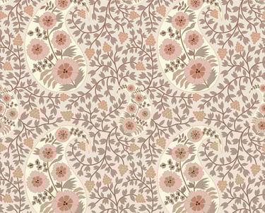 Seamless paisley pattern with florals on a delicate vine background in soft pink and beige.