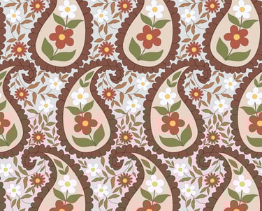 Seamless pattern of stylized paisley shapes filled with floral motifs and foliage.