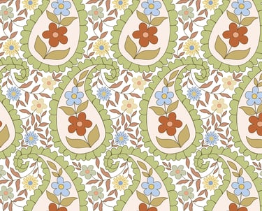Bohemian pattern with stylized paisley and small floral elements in a light, soft palette. 