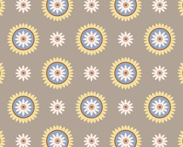Simple repeating pattern of stylized floral medallions on a taupe background.