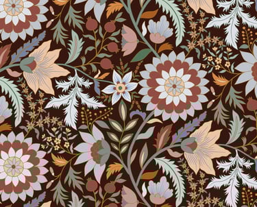 Ornate botanical tapestry pattern with stylized flowers, leaves, and berries.