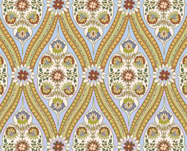  Ornate damask pattern with stylized florals in a vertical ogee repeat, soft blue and gold