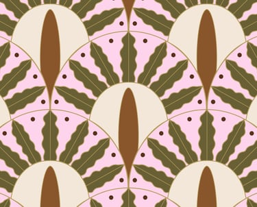 Cordinate pattern pink scallop shape filled with dark green wavy leaves