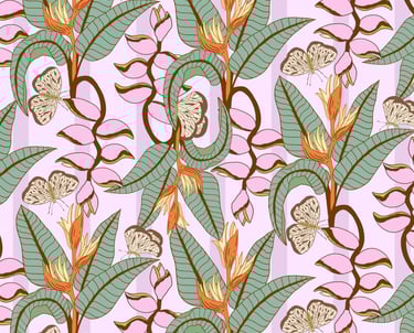 Hero pattern pink and orange bird of paradise flowers with butterflies
