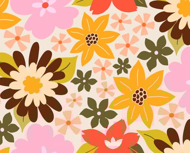 Hero Pattern big Pink yellow florals and tiny orange florals bloom.
