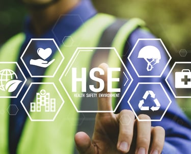 Gráfico de Health, Safety, Environment (HSE) con iconos de seguridad, salud y medio ambiente, usado 