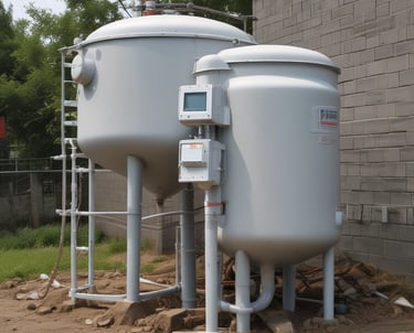 two large tanks with a clock on them