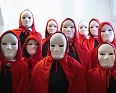 Film production services scene with mannequins in masks and red hoodies