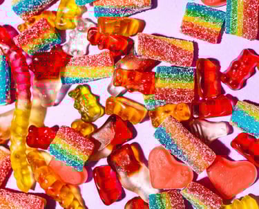 Close-up of assorted gummy candies, featured in film production