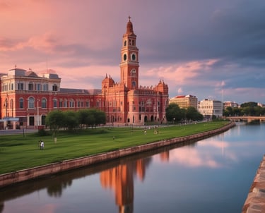 a man in a suit standing in front of a large screen with a large screen