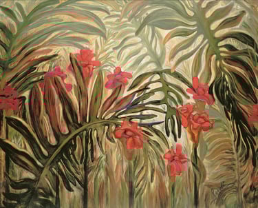 a painting of a tropical plant with red flowers by Sandra Forzani