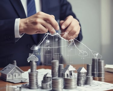 A hand is holding a smartphone displaying a financial application. The screen shows a chart with a growth prediction in percentage, and sections labeled Personal, Retirement, and Custodial. The chart predicts cash invested and saved over a period of time, with specific dollar values provided for future growth.
