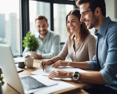 A person holding a smartphone with a financial application open on the screen, standing outside a modern glass building. The background shows a plaza with trees and pedestrians.