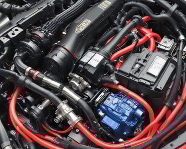 a close up of a motorcycle engine with a red handlebar