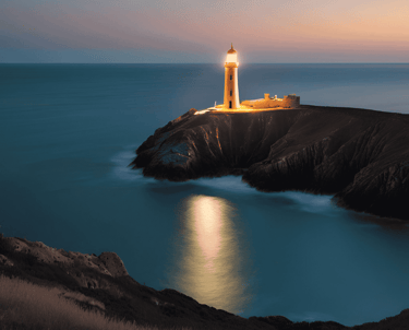 “A lighthouse on a cliff, shining a clear beam of light over a calm sea at night, symbolizing clarit